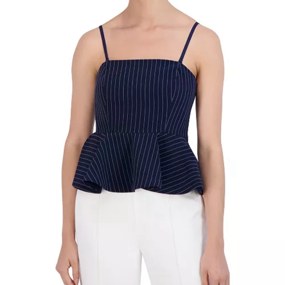 BCBG NewYork Navy Striped Peplum Spaghetti Stripe Top size 10 NWT